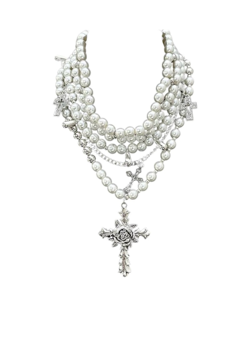 Pearl-Style Multi-Strand Cross Pendant Necklace - Silver